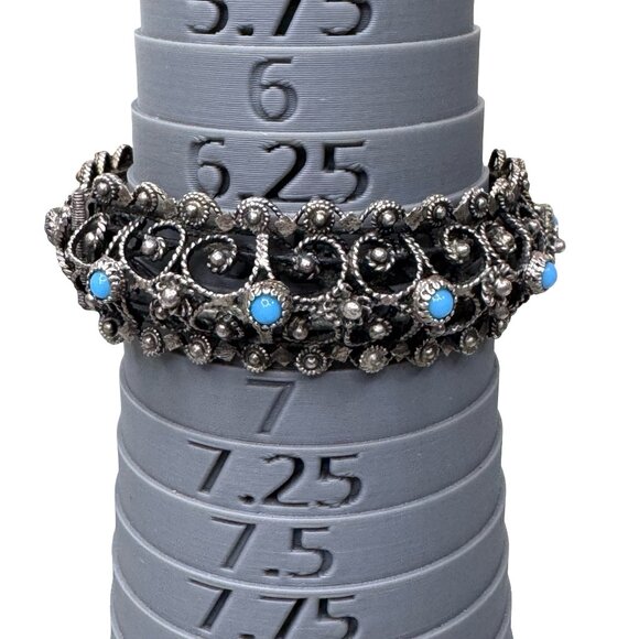 Vtg Silver Filigree Bracelet Turquoise & Clip-On Earrings Set Blue Safety Chain - Picture 4 of 10